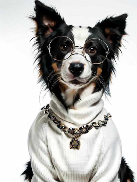 AP,glasses,no humans,dog,collie,realistic,white background,simple background,sweater,solo,animal focus,necklace,jewelry,(turtleneck sweater:1.3),brown eyes,animal,looking at viewer,