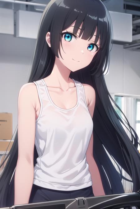 akemi souryuuin, long hair, bangs, black hair, very long hair, blunt bangs, aqua eyes, hime cut, skirt, shirt, bow, school uniform, white shirt, short sleeves, collared shirt, bowtie, red bow, red bowtie, shorts, tank top, bike shorts, collarbone,