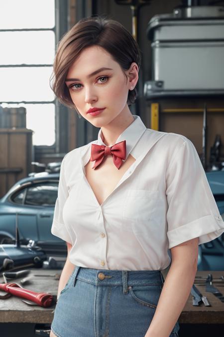 photo of a woman, daisyr-1836,((short hair, pixie cut):1.1) ((bowtie, white shirt, denim shorts):1.2), ((cowboy shot, waist, hips, thighs):1.2),((garage, tools, workbench):1.2),((red lipstick, eyeliner, eye shadow, blush)), ((best quality, masterpiece, extreme details, high resolution):1.2),((detailed eyes, beautiful eyes, detailed face, beautiful face):1.2)