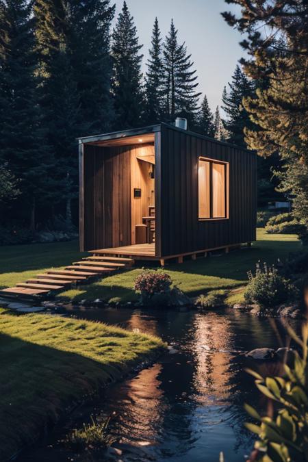 exteriortinyhouse  exterior triangle shape in forest, black panel, morning, stones, river side, ((masterpiece)), realistic, epic, details, grass, cliff, mountain, <lora:ARWexteriortinyhouse:1>