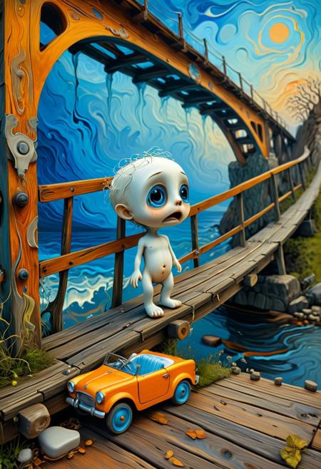 Picture an emotionally charged anthropomorphic figure, resembling a sad, sobbing, and distressed Decora Chibi caricature, wearing a diaper and standing beside an old, rusty 1880s Vintage Pedal Car. Situated on a contorted, gnarled wooden bridge, this scene is reminiscent of Edvard Munch's famous painting, The Scream. The backdrop features a swirling, psychedelic fractal-like pattern with electric blue and orange hues. The figure's anguished expression conveys a silent scream into the void, reflecting the maximalist style of Max Ernst.