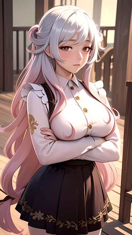 masterpiece, best quality, 1girl, golden brown eyes, white hair with pink tips, closed mouth, looking at viewer, shirt, large breasts, long hair, solo,  arms crossed, full body, black skirt, <lora:elsje(rune_factory):1.0>