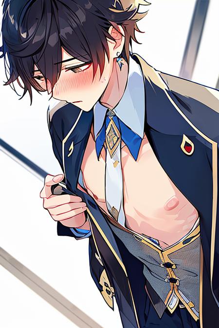 <lora:zhongli2:0.75>,(masterpiece), (best quality), (super delicate), (illustration), (extremely delicate and beautiful), (dynamic angle), white and blue highlights,1boy,blush, jitome, embarrassed, muscle, flat chest, one breast out, bandaids on nipples, unbuttoned shirt, clothes pull, necktie, suit jacket, buttons, lowleg pants,upper body,