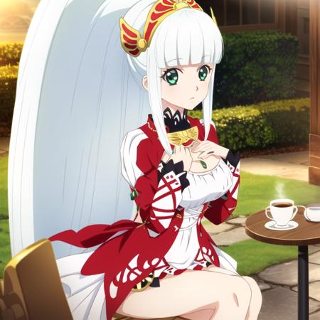 lailah (tales), 1girl, solo, (white hair:1.4), long hair, ponytail, bangs, (green eyes:1.2), blunt bangs, hairband, sidelocks, hair ornament, narrow waist, slim waist, looking at viewer, red dress, cafe, highres, absurdres, (hand on own chest:1.3), big eyes, sitting on desk, (from below:1.4), feet out of frame, photorealistic