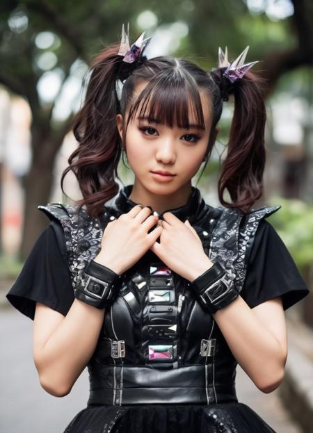 realistic, photorealistic, detailed, beautiful, RAW photo, film grain, (natural lighting :1.2), japanese, woman, raw photo, photo background, twintails, m0akiku, punk style, black outfit, 20 years old, detailed black eyes,  bokeh, baby metal, <lora:m0akiku -000008:1>