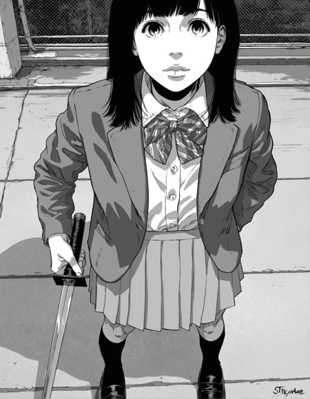 mtskyamd, 1girl, monochrome, greyscale, skirt, solo, school uniform, shoes, jacket, socks, long hair,black hair smile holding sword