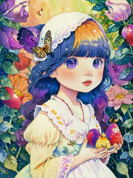 (((portrait))) ,(((masterpiece))),(((best quality))), ((ultra-detailed)), (illustration), ((an extremely delicate and beautiful)),floating, (beautiful detailed eyes), (detailed light),(((fruit))),flowers,(((((colorful))))),garden,by alan lee,colorful background,forest,bird,butterfly,<lora:mkru:1>mkru chibi