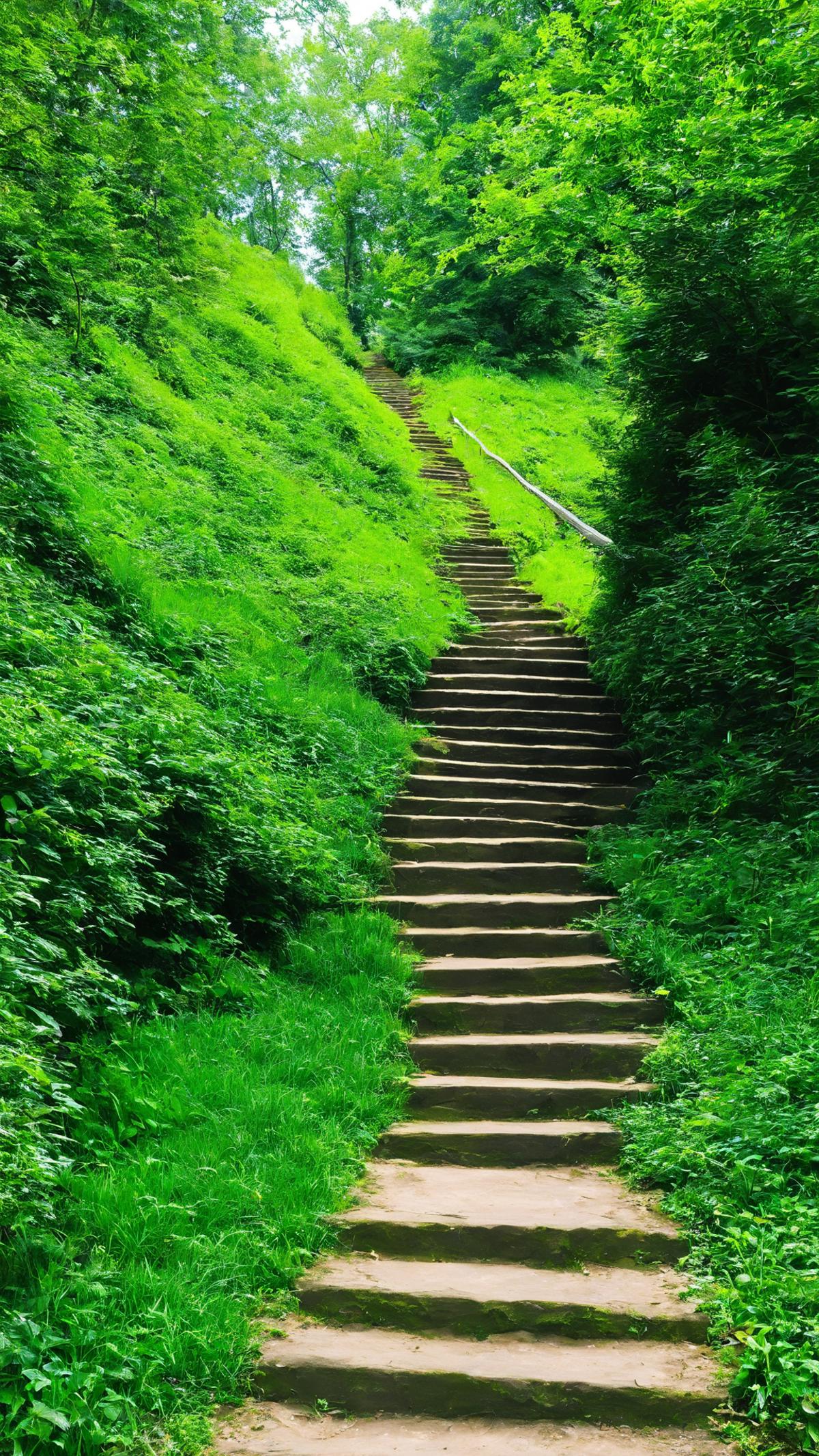 A stairway in a grassy forest, surrounded by green bushes and trees.