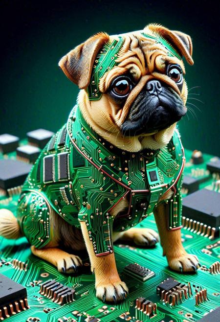 pcb_style, , hyper realistic pug composed entirely of green printed circuit boards and microchips, detailed textures of solder joints and copper traces forming fur and body, sitting on a realistic motherboard surface, subtle RGB lighting with gentle red, green, and blue glows reflecting softly on the circuits, intricate electronic details, soft ambient light, photorealistic digital art