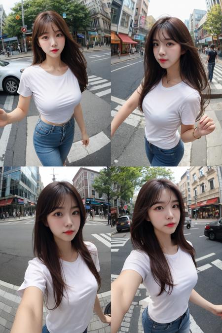 (fisheye view), 1girl, solo, white t-shirt, (pov:1.35), mature body, long hair, walking, public street,