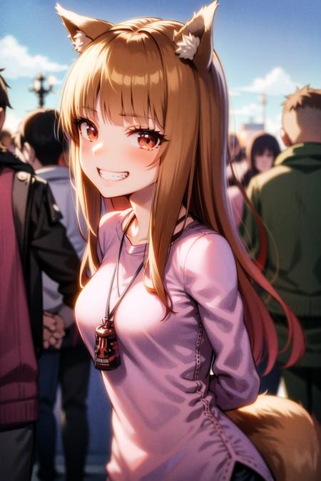 <lora:holo:0.9>, holo, masterpiece, best quality, absurdres, 1girl, looking at viewer, standing, outdoors, neck pouch, slender, pink shirt, upper body, leaning forward, grin, arms behind back, medieval, street, town, crowd