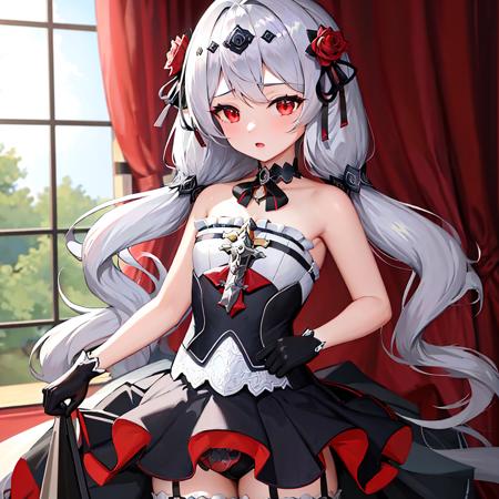 (masterpiece:1.2), (best quality:1.3), (absurdres:1.2), luna_kindred, 1girl, flat_chest, standing, cowboy_shot, red rose, black_dress, black_thighhighs, garter_belt, black_gloves, <lora:luna_kindred_l_v8-000015:1>