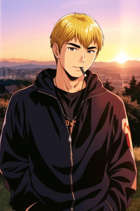 Outdoor,sunset, twilight,, Castle,red_sky,sunlight, sunrise, backlighting,cloud, cloudy_sky,mountainous_horizon, orange_sky,
Standing at attention,(Close-Up),
black jacket,black shirt ,a cigarette in his mouth,
<lora:Eikichi_Onizuka_GTO-KK77-V1:0.7>,jewelry,
blonde_hair,short_hair,bangs,
1 man, 20yo,male,Beautiful FingerBeautiful body,Beautiful Nose,Beautiful character design, perfect eyes, perfect face,
looking at viewer,evil_smile,
NSFW,official art,extremely detailed CG unity 8k wallpaper, perfect lighting,Colorful, Bright_Front_face_Lighting,
(masterpiece:1.0),(best_quality:1.0), ultra high res,4K,ultra-detailed,
photography, 8K, HDR, highres, absurdres:1.2, Kodak portra 400, film grain, blurry background, bokeh:1.2, lens flare, (vibrant_color:1.2)