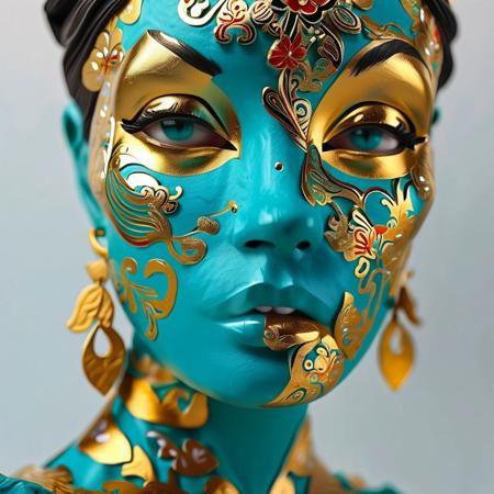 a woman wearing an elaborate mask around her face, in the style of vray tracing, cloisonnism, turquoise and gold, miniature sculptures, impressionistic venice scenes, realistic fantasy artwork, exquisite detail --ar 35:64 --stylize 750 --v 6