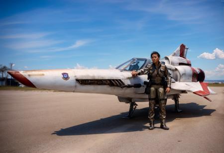 a colonialvpr fighter jet and a woman in vipersuit military uniform<lora:viperpilotsuitv08:0.9>,RAW photo, 8k uhd, dslr, soft lighting, high quality, film grain, higly detailed face,ultra detailed,masterpiece quality,Fujifilm XT3