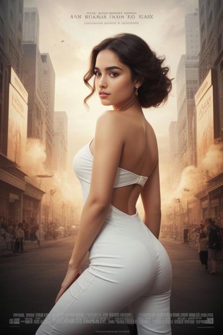 movieposter, bare shoulder portrait of a stunning woman, a beauty skincare model, with flawless, glowing, and healthy skin. She gazes directly at the viewer with captivating eyes. Cinematic lighting with soft highlights and dramatic shadows. Masterpiece quality, detailed skin texture with perfections,
 Title, Movie Title, copyright name, layout design, font design, copyright name, movie poster, big title, design layout, white jumpsuit, sci-fi romance