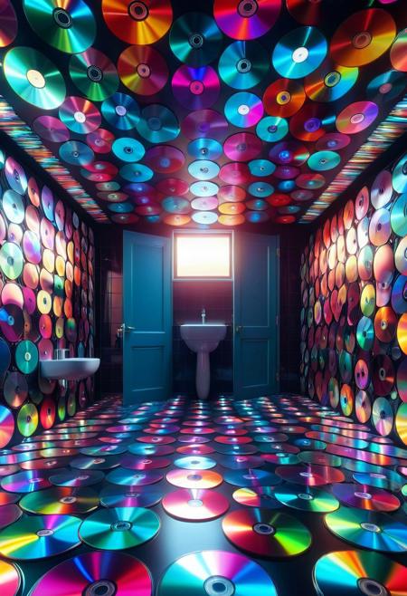 CD Repeat, Masterpiece, best quality, amazing quality, absurd, latest, volumetric lighting, UHD, SFW, vibrant colors, neon, vivid colors, walls made of cd's, bathroom dedicated to 1990 Cd's, everything made of cd's, exquisite detail, digital art, realistic, highly detail, beautiful, surreal, dramatic, No_Humans,