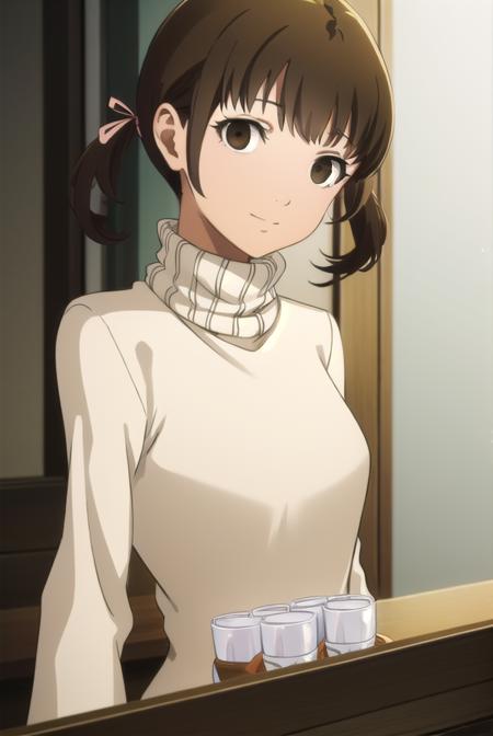 nanako doujima, brown hair, twintails, (brown eyes:1.5), short twintails, child, dress, turtleneck, long sleeves, sweater,
