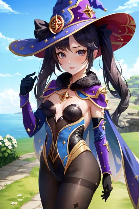 masterpiece, best quality, ultra-detailed, beautiful lighting, 1girl, ((mona \(genshin impact\))), black hair, twintails, long hair, grey eyes, purple strapless leotard, small breasts, detached sleeves, elbow gloves, witch hat, black legwear, black pantyhose, cape, fantasy, outdoors