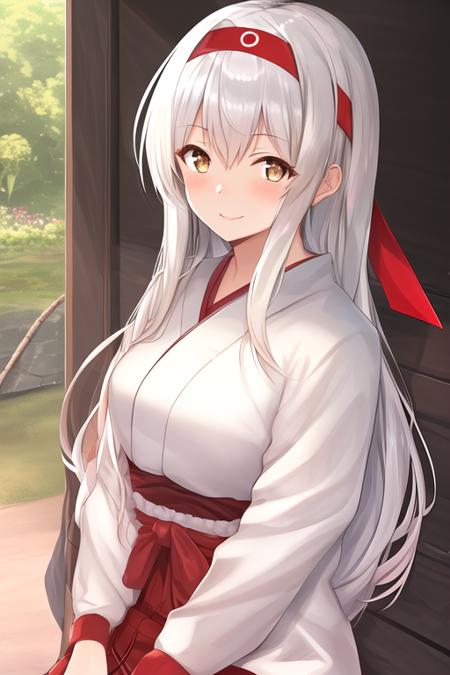 masterpiece, best quality, highres, solo, {shoukaku_kantaicollection:1.10}, long_hair, hairband, white_hair, brown_eyes, smile, headband, muneate, blush