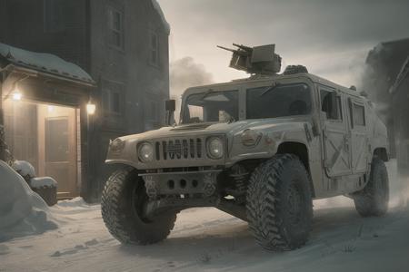 analog gloomy photo of a HUMVEE car,  <lora:humv33:1.0>, driving through a decayed city (at night), church ruins, dilapidated buildings, blood and corpses on the snow, ((winter)), ((snow)), (horror movie), ((nighttime)),  ((green fumes:1.2)), High Detail, Sharp focus, (photorealism), realistic, best quality, 8k, award winning, dramatic lighting, epic, cinematic, masterpiece, rim light, ambient fog:1.2,