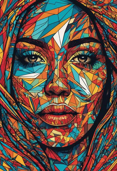woman face Vivid colors, Embrace the challenges, Global Art and Multiculturalism, Technology and Digital Art, in bold outline style, jagged edges, trashcore, light shading