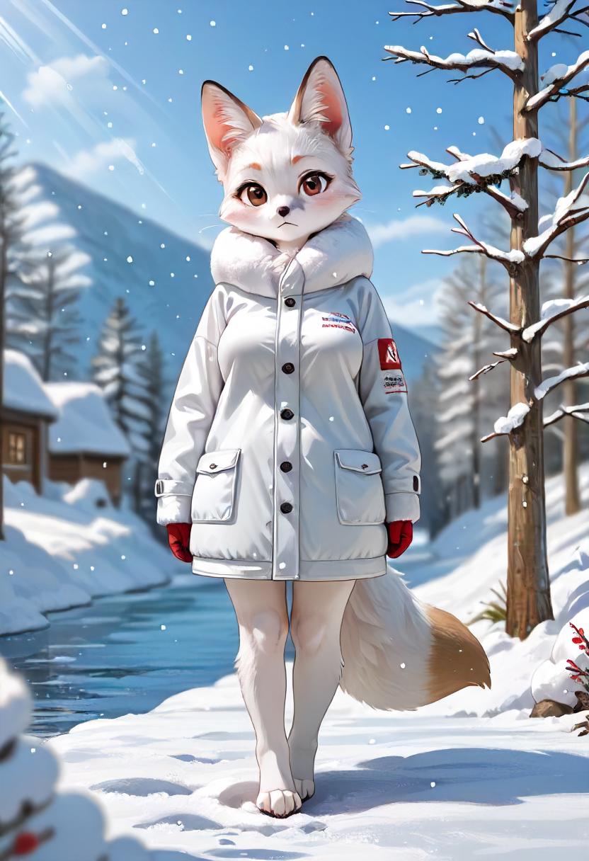 score_9,score_8_up,score_7_up,score_6_up, source_anime,2D, snow, outdoors, animal focus, day,white snow fox,white vulpes,fluffy, white fur,no human,furry,anthro, solo, brown eyes, sky, blue sky, tree, winter, looking at viewer, full body, animal, snowing, standing, closed mouth, depth of field, tight clothes,kawaii,cute,  thinking,light beam,perfectly round breasts, <lora:Expressive_H:0.6> <lora:SkindentationSlider:2>