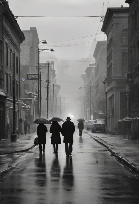long exposure photography, people walking byin street, perfect composition, black and white photography, by ansel adams. gloomy melancholic atmosphere