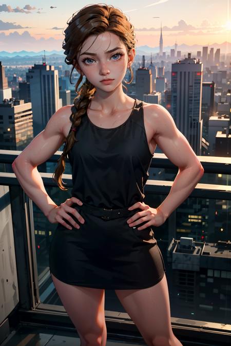 ((masterpiece, best quality))
 <lora:TLOU2Abby:0.8>
TLOU2Abby, 1girl, solo, muscular, single braid, overlooking a cityscape at night from a skyscraper, short dress, standing with hands on hips