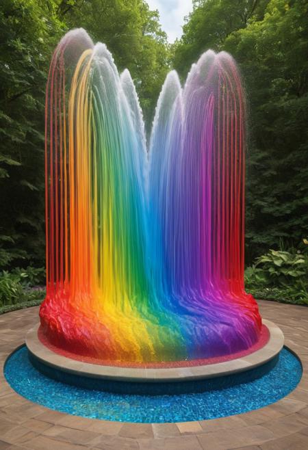 (Rainb0w M0rph) Imagine a rainbow made entirely of physical substances – metal rods form the red section, transparent crystals make up the green part, and flowing liquid forms the violet end. Each color shifts subtly as it blends into the
next, creating an elegant, nearly three-dimensional pattern in the air. The rainbow should appear to rise from a mystic fountain filled with iridescent liquids, its curvature gradually arching upward as it expands. Use Unreal Engine 5 for building the scene and Adobe After Effects for animation, capturing the fluidity of a real-life rainbow that seems to stretch beyond its expected boundaries. Render using a Hasselblad H6D-100c for high-end
color accuracy.