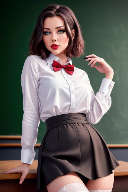 photo of a woman, verab-2652:0.99, ((pale skin)), ((short hair, dark brown hair):1.1), ((bowtie, skirt, white shirt, thighhighs):1.2), ((cowboy shot, waist, hips, thighs):1.2),((classroom, chalkboard):1.3),((red lipstick, eyeliner, eye shadow, blush):1.2), ((best quality, masterpiece, extreme details, high resolution):1.2),((detailed eyes, beautiful eyes, detailed face, beautiful face):1.2), photo of the most beautiful artwork in the world, professional majestic (photography by Steve McCurry), 8k uhd, dslr, soft lighting, high quality, film grain, Fujifilm XT3 sharp focus, f 5.6, High Detail, Sharp focus, dramatic