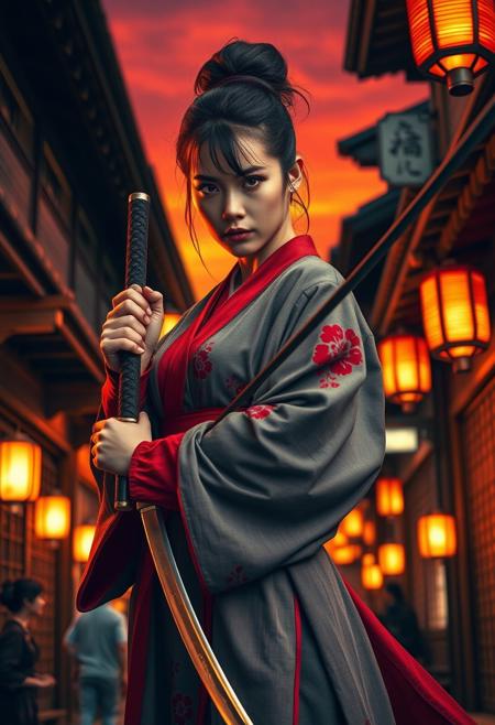 photography, depicting a fierce japanese female warrior in a traditional Japanese setting. The subject, a japanese woman with fair skin and an athletic physique, stands confidently in the foreground. She has a determined expression with sharp, piercing eyes. Her hair is dark brown, styled in an updo with loose strands framing her face. She is dressed in a grey kimono adorned with red floral patterns and a wide red belt tied around her waist. The kimono's sleeves are long and flowing, with a hint of red at the edges. She wields a katana in her right hand, held close to her side with a firm grip, indicating readiness for combat. The background showcases a bustling, narrow street in a Japanese city, illuminated by the warm, orange glow of streetlights and lanterns. The buildings on either side have traditional wooden facades with sliding paper screens, creating a sense of depth and perspective. The sky is a vivid orange, suggesting either sunset or the artificial lighting of a cityscape. The overall mood is intense and dynamic, capturing the essence of a warrior ready to defend her homeland.