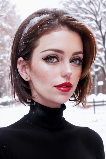 photo of a woman, diorabaird-290:0.99,((beautiful black hair, short hair):1.2) ((turtleneck sweater):1.2), (smug, horny), ((closeup, portrait):1.2),((outdoors, snow):1.2),((red lipstick,heavy eyeliner, heavy eye shadow, blush):1.2), ((best quality, masterpiece, extreme details, high resolution):1.2),((detailed eyes, beautiful eyes, detailed face, beautiful face):1.2)