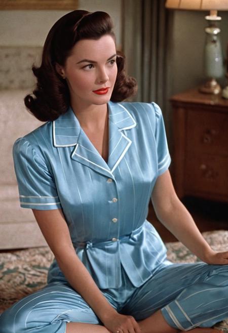 1940s vintage retro, Lois Lane DCU, short-sleeved light-blue pajamas, perfect photo, highly detailed, best quality, fine details, coherent face, full body, technicolor film still screencap, kodachrome photograph
