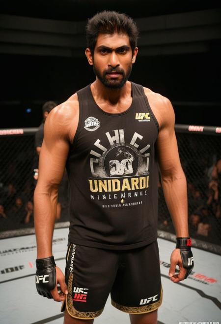 homoerotic photo of Sendhil Ramamurthy a man <lora:rana-daggubati_Sendhil-Ramamurthy:1>, UFC fighting ring, cocky expression, as a UFC fighter, (black muscle shirt:1.4), Venum UFC shorts, ((full body portrait)), wide angle, ((masterpiece)), natural skin, natural body muscle definitions, adobe lightroom, photolab, intricate, highly detailed, sharp focus, insane details, intricate details, hyperdetailed, low contrast, soft cinematic light, exposure blend, dim colors, dim light,  Award - winning, with Kodak Portra 800, a Hasselblad 500 ,55mm f/ 1.9 lens, extreme depth of field, available light, high contrast, Ultra HD, HDR, DTM, 8K,