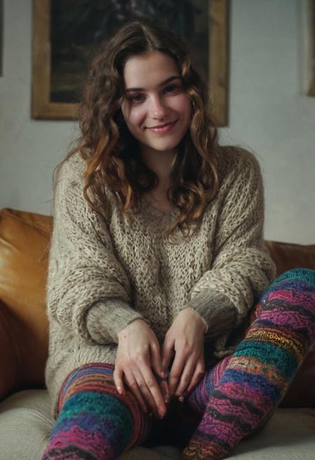 photography, masterpiece gorgeous 30yo european woman dressed in a chunky knitted wool sweater and a vibrant, thick, woolly colorful patterned legging, Cleavage, Busty, high quality, petite, blushed shy smile, Freckles, dark Long Hair, sitting on a couch cross-legged, warm lighting, Canon EOS, Sci-fi vibe, dirty, noisy, Vintage monk style, very detailed, hd,. very detailed, atmospheric haze, Film grain, cinematic film still, shallow depth of field, highly detailed, high budget, cinemascope, moody, epic, OverallDetail, gorgeous, 2000s vintage RAW photo, photorealistic, candid camera, color graded cinematic, eye catchlights, atmospheric lighting, skin pores, imperfections, natural, smile,
her hands rub her lap