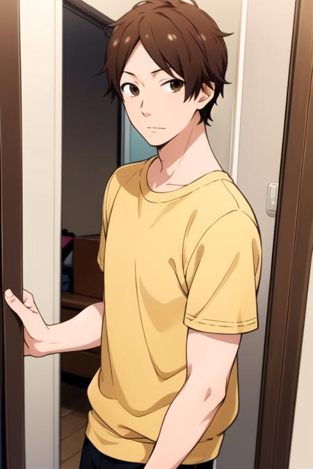 masterpiece, best quality, wallpaper, 1boy, solo, male focus, looking at viewer, , , , , <lora:keiichi_katakura:0.70>, keiichi_katakura, brown hair, brown eyes, , dressing room,