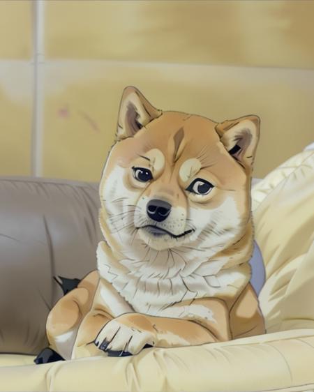 closeup portrait of a Shiba doge ,indoors in a lounge sitting onthe yellow couch  <lora:NEOTOKIO_V0.01:.95>  <lora:Doge_mnty_merge60_30:.8>