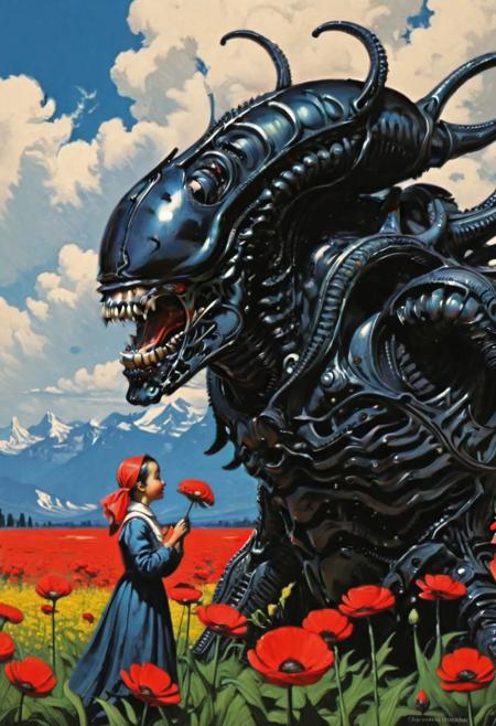 famous art by (arkhip kuindzhi:1.1), detailed expressive eyes, fantasy style, a cute xenomorph holding a lovely baby toddler on the flower field, concept art, award winning, detailed, high resolution, soft lines, intricate details, ((masterpiece, best quality)), looking at viewer, dynamic pose, wide angle view, <lora:add-detail-xl:1>, <lora:xl_more_art-full_v1:1>