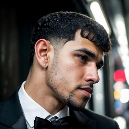 DSLR photo of yadielalejandro person using a tuxedo.face side portrait.in blade runner.daylight.professional photography.high resolution.detailed photo.RAW.still film.f/16.uhd.hdr.4k <lora:yadielalejandro_46800:1>