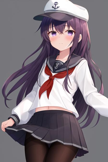 masterpiece, best quality, highres, solo, {akatsuki_kantaicollection:1.10}, long_hair, serafuku, hat, purple_eyes, anchor_symbol, flat_cap, purple_hair, black_hair, blush, hair_between_eyes, 1girl, black_skirt, looking_at_viewer, neckerchief, pleated_skirt, red_neckerchief, sailor_collar, school_uniform, simple_background, skirt, long_sleeves, no_headwear, white_background, closed_mouth, cowboy_shot, bangs, black_pantyhose, black_sailor_collar, pantyhose, shirt, very_long_hair, white_shirt