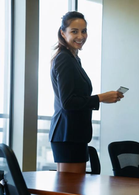 photo of a CEO standing in a conference room. 3/4 view, cute face. beautiful soft natural side light.  intricate details, skin pores, 8k