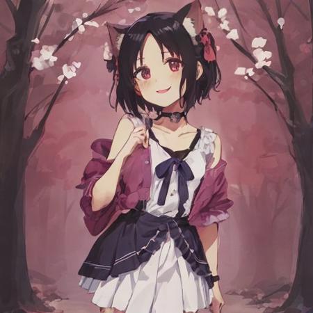 High quality! , in a park, 1 girl, girl, dark black hair, short height, (fluffy), large animal ears are in the middle of the head, vampire bat ears, purple eyes, bright eyes, short hair, standing, very small breasts, broad forehead, clear forehead, Seton Academy uniform, no human ears, purple Serafuku, purple jacket, white shirt, wears a choker with a cross(neck), white skirt, looking at viewer, smile, in a blue night park (cowboy photo: 1.5), (masterpiece: 1.2), best quality, high resolution (illustration: 0.8), (beautiful detailed eyes: 1.6), perfect lighting, extremely detailed CGI (perfect hands), perfect anatomy)