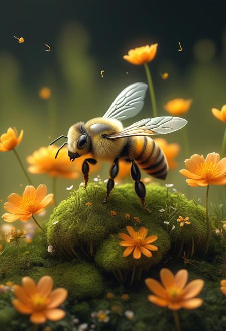A hyper-realistic close-up shot of a honey bee figure entirely composed of moss and vibrant orange wildflowers, captured mid-hover above a blooming meadow. The bee's body is expertly crafted with delicate moss creating the fuzzy texture of its thorax, while small orange blossoms form its characteristic stripes and wing patterns. The wings themselves appear translucent and gossamer-like, created through careful lighting and natural elements.
The composition maintains ultra-sharp focus on the bee, with the same dramatic lighting and intricate 3D detail as the original. The flower meadow below softly blurs into a dreamy backdrop, creating depth while keeping the moss-and-flower bee as the central focus. The scene captures the same magical dark fantasy mood, with the contrast between earthy green moss textures and glowing orange blooms, now arranged in a hovering bee formation rather than a fox silhouette.
The overall effect should maintain that combination of hyper-realistic photography and ethereal architecture, but reimagined with the industrious beauty of a bee rather than the sly grace of a fox. The lighting continues to play between the moss textures and flower petals, creating a luminous, otherworldly creature that appears both natural and mythical.