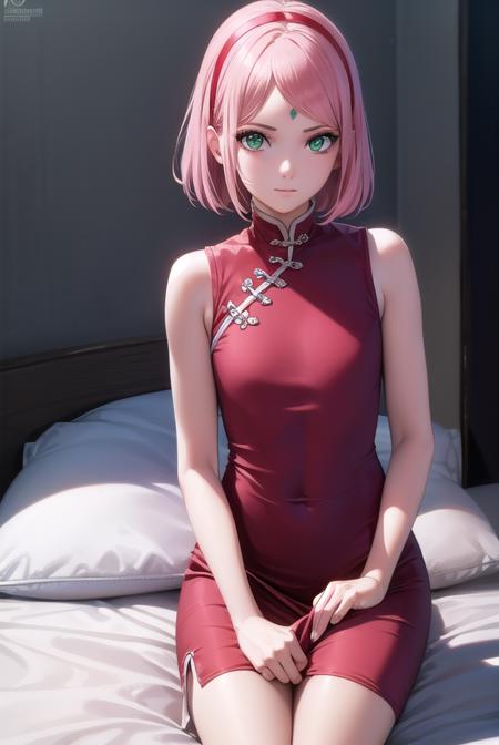 sakuraharuno, <lyco:sakuraharunov2-lyco-nochekaiser:1>,
sakura haruno, short hair, bangs, (green eyes:1.5), pink hair, hairband, facial mark, (forehead mark:1.2), red hairband, (swept bangs:1.5), (small breast:1.2),
BREAK chinese clothes, dress, (red dress:1.3), short skirt, black shorts, gloves, black gloves, sleeveless,
BREAK looking at viewer,
BREAK indoors, bed,
BREAK <lyco:GoodHands-beta2:1>, (masterpiece:1.2), best quality, high resolution, unity 8k wallpaper, (illustration:0.8), (beautiful detailed eyes:1.6), extremely detailed face, perfect lighting, extremely detailed CG, (perfect hands, perfect anatomy),