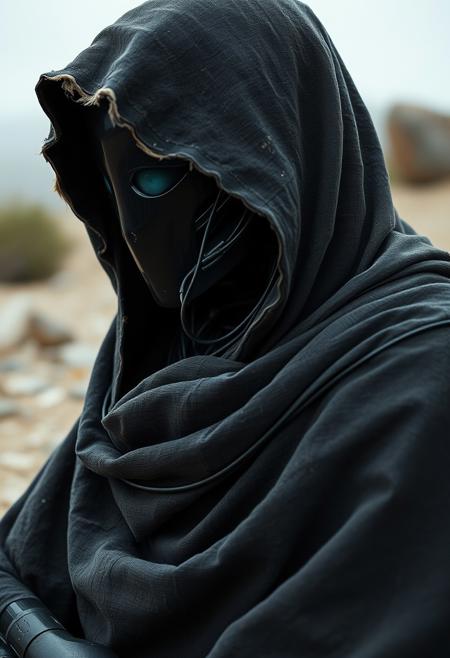 sideview, super closeup portrait, The Shepard robot sits quietly, Describe the melancholic scene of a black dirty hooded noface sci-fi-robotic cyborg draped in a muddy torn thick black bedouin linen cloak.  Its face remains concealed, and the large hooded cape over its head is made of coarse, thick, dirty, torn and worn white linen fabric. It exudes a silent presence, as the surroundings are permeated with a blend of solitude and tender moments of affection. cables, wires, very detailed, light film grain