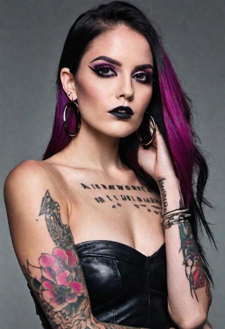 Photorealistic, Portrait of European women, magenta-black long straight balayage hair, black huge thin hoop earrings, black large bold eyelines, dark bold eyeshadows, huge eyelashes, black leather strapless dress, colorful tattoos on arms