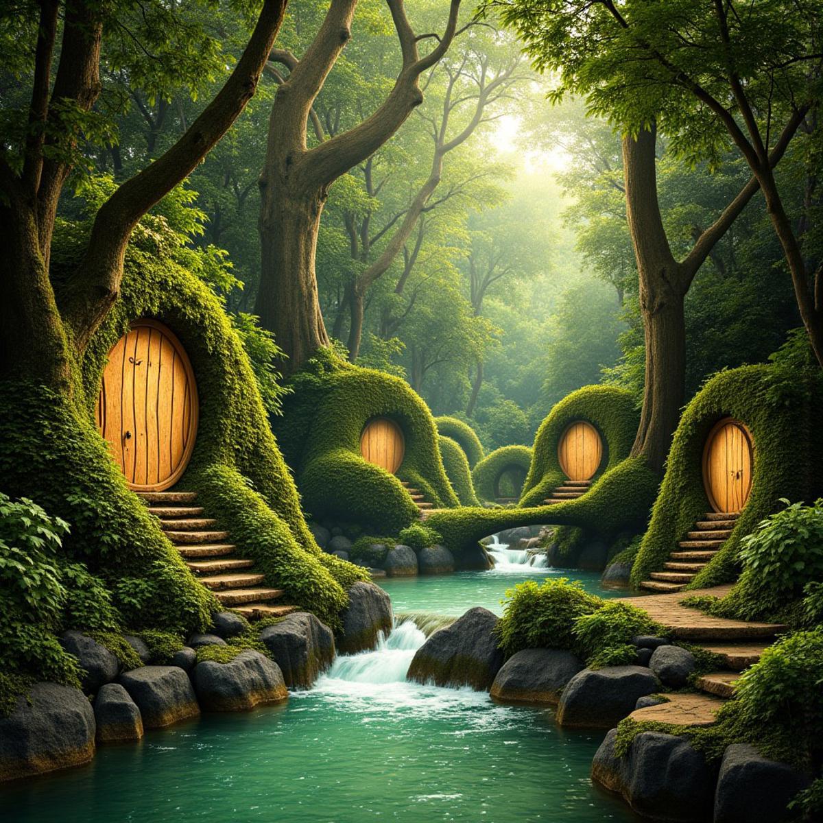 A fantasy fairy forest with a babbling stream and trees with fairy doors and windows with bridges here and there,