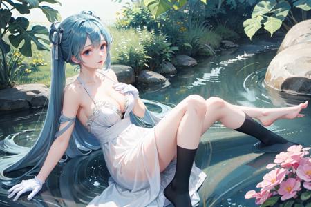 dreamy, full body,  intricate details, studio photography, cinematic light, chromatic aberration,
depth of field, SSS, Subsurface skin,dappled sunlight, 
reflection,maya,c4d,unreal engine
1girl, hanfu, white legwear, pose, large breasts,cleavage cutout,aqua eyes, blue eyes, 1girl, elbow_gloves, gloves, high_heels, looking_at_viewer, hatsune miku,
blue hair, very long hair, Miku,
solo focus, sitting on object,white panties,

looking at viewer,  high quality picture, <lora:hanfu_v20:0.7>,green blue dress,
[:barefoot:0.2],