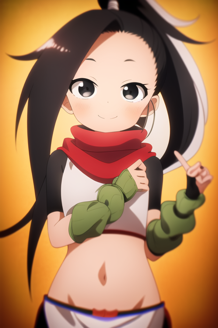 masterpiece, best quality, KunoTsubakiv1, black eyes, black hair, closed mouth, looking at viewer, shirt, long hair, simple background, solo, upper body, asymmetrical bangs, forehead, high ponytail, navel, ponytail,red scarf, scarf short sleeves, smile, pelvic curtain, shorts, green gloves, arm warmers, fingerless gloves,